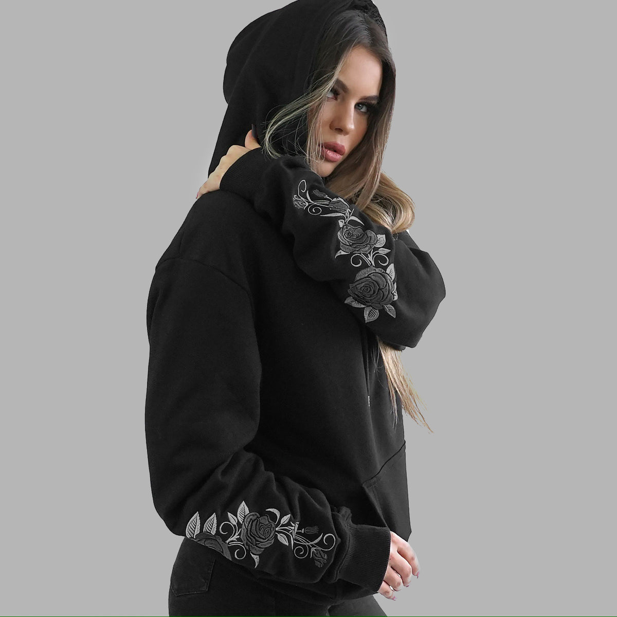 Black hoodie with 2025 roses on sleeves