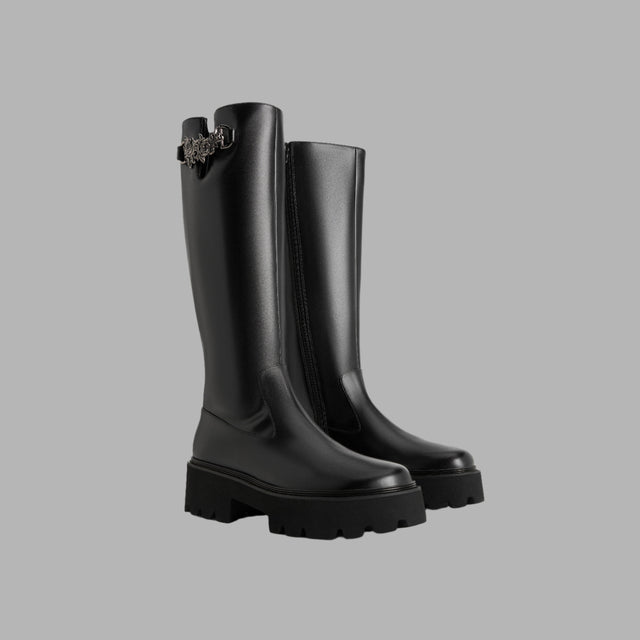 'Blvck x Charles & Keith' Imogen Rose-Motif Chunky  Knee-High Boots