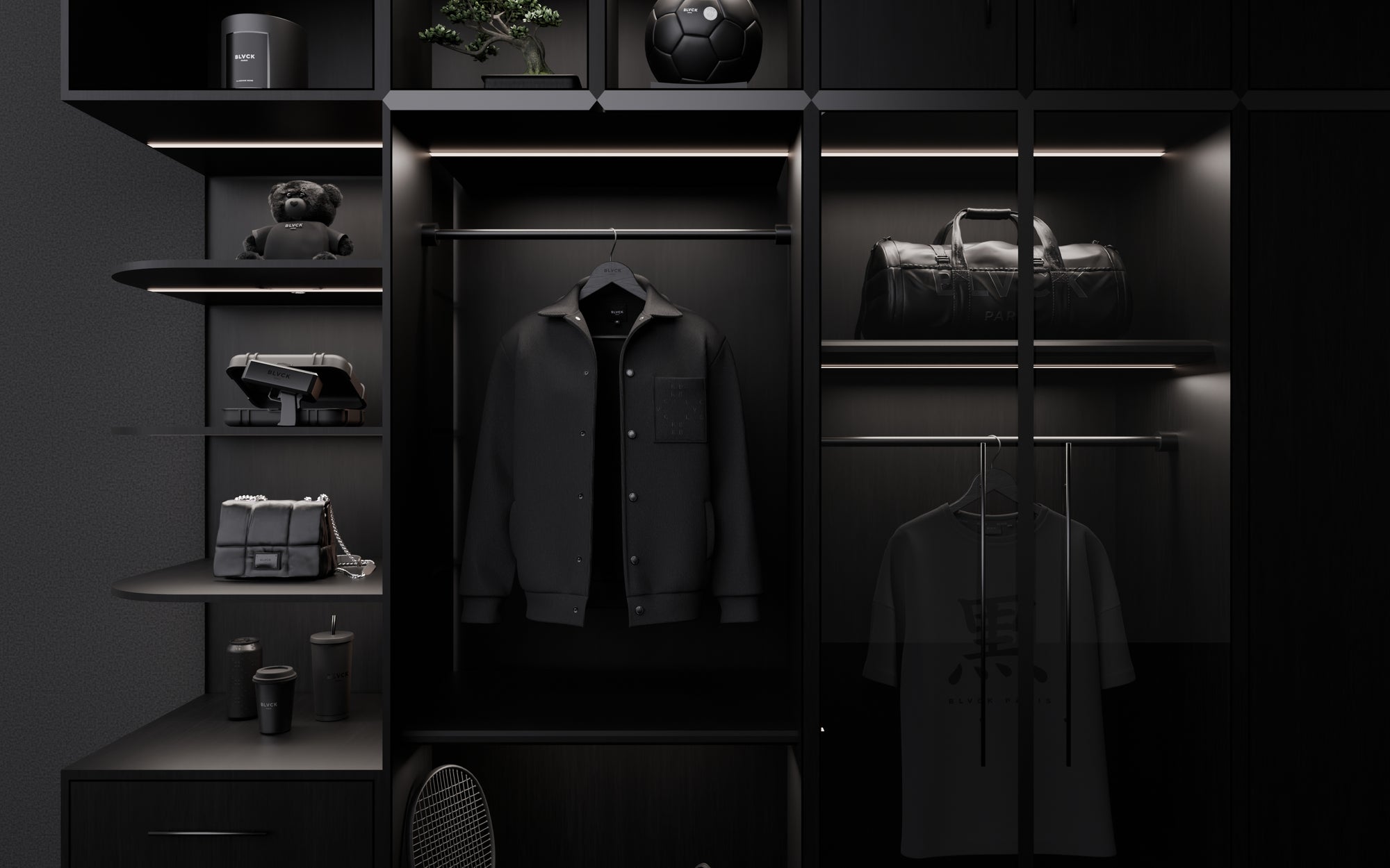 All black wardrobe display and accessories
