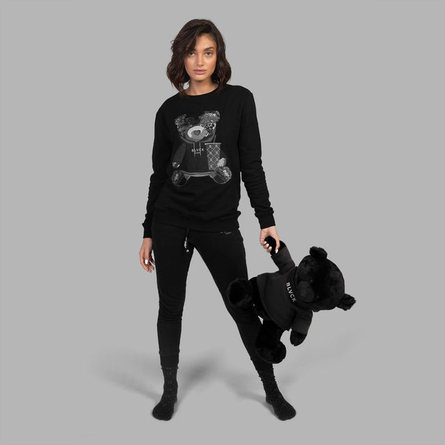 Pull noir avec illustration d'ours en peluche